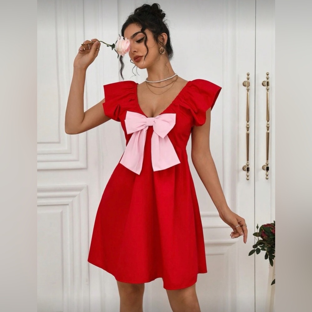 Women Pink and Red Bow Babydoll Mini Dress - Picture 3 of 5